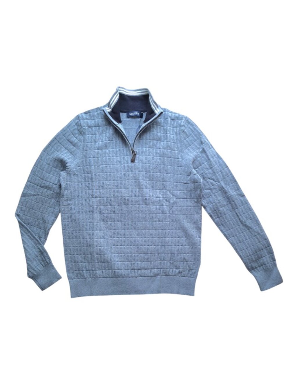 Nautica Men Blue Lightweight N Logo Pattern Knit Quarter Zip Sweater XS